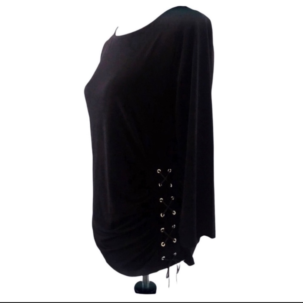 Chico’s Black Brown Lace Up Side 3/4 Sleeve Crewneck Blouse Sz 1/Medium